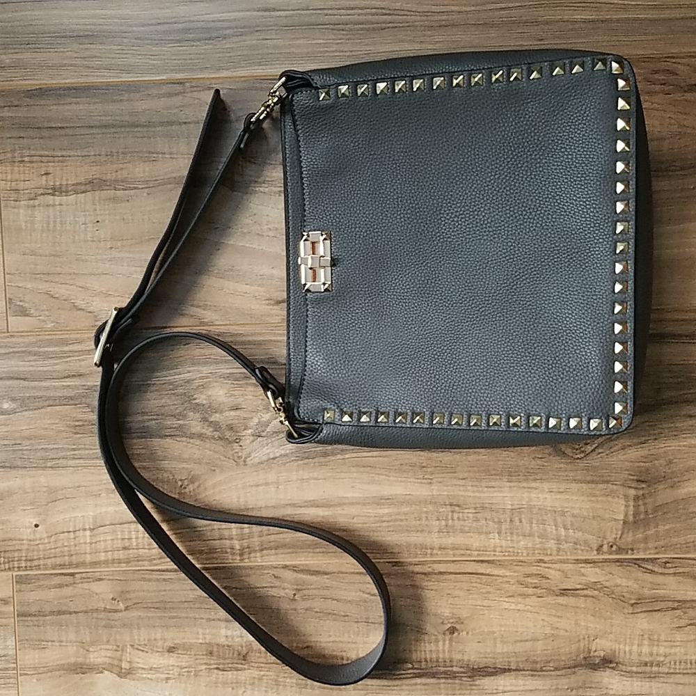 Gray Gold Stud Border Crossbody Purse With Front Lock And Magnetic Closure